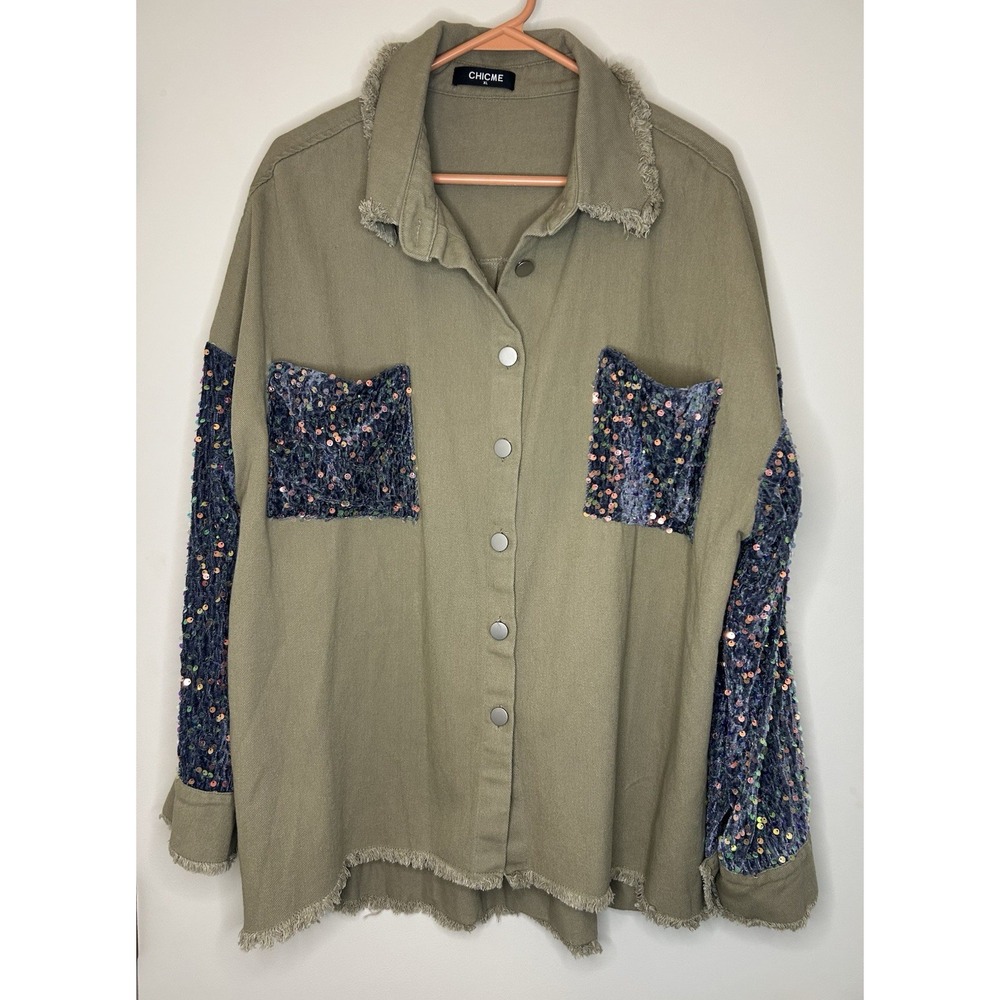 CHICME Khaki Sequin Patchwork Long Sleeve Oversized Shacket Shirt Womens XL